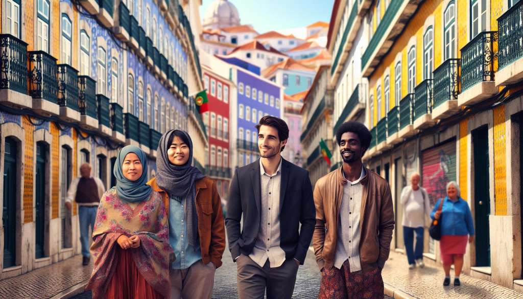 Diverse groep vrienden wandelt in Lissabon.