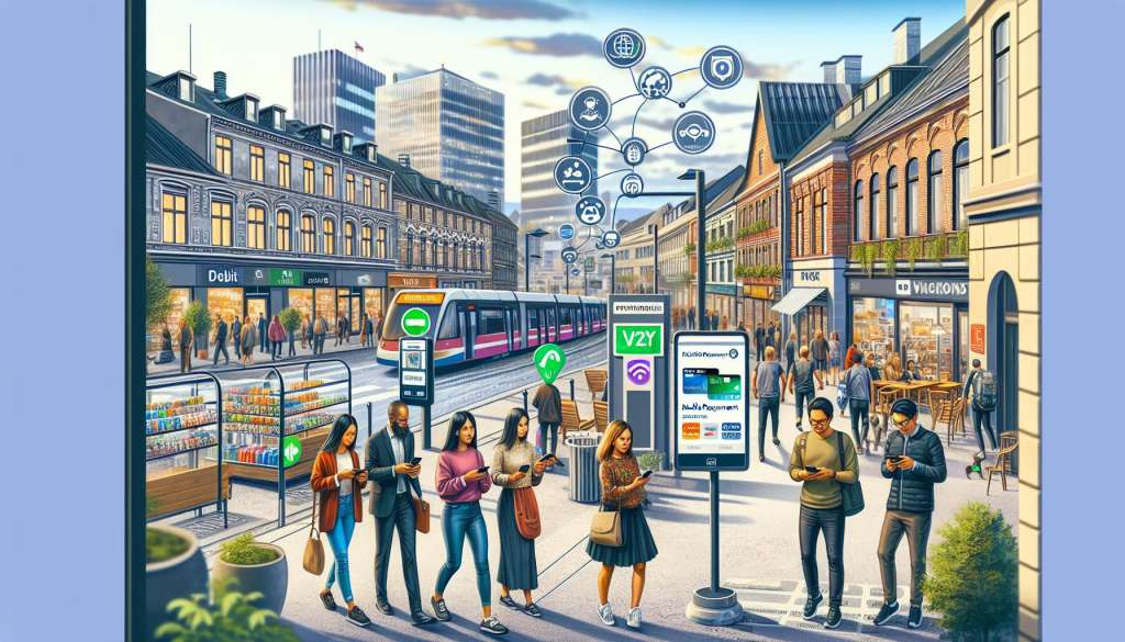 Mensen gebruiken technologie in een moderne stadstraat.