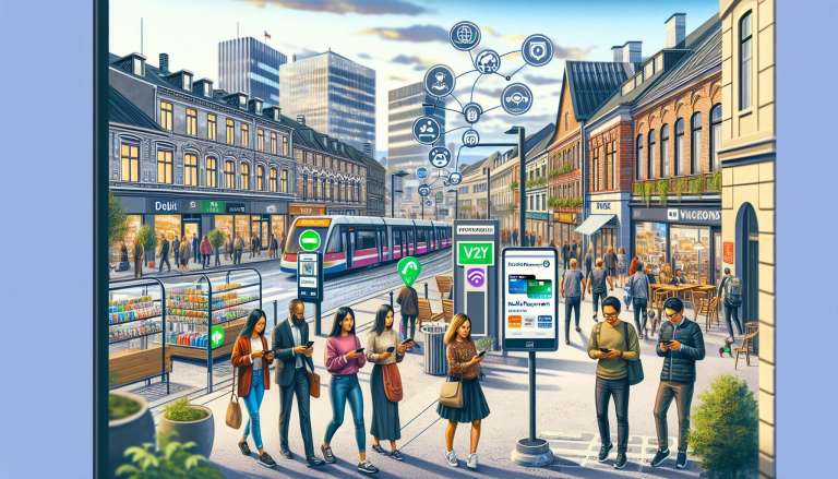 Mensen gebruiken technologie in een moderne stadstraat.
