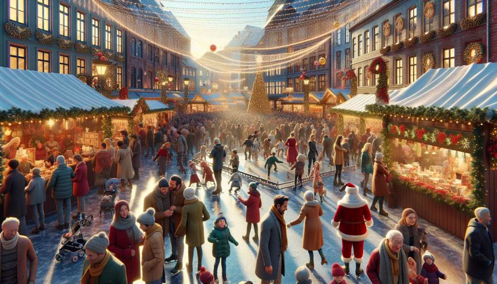 Drukke kerstmarkt en schaatsbaan met feestelijke verlichting.