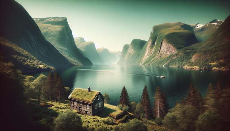 Noors fjordlandschap met huisje en varend bootje.
