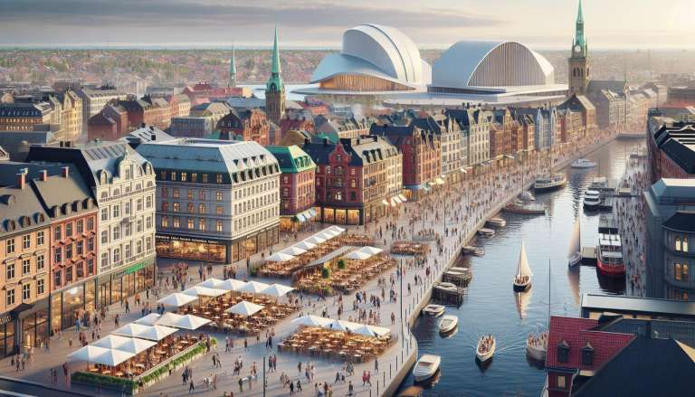 Levendige kade met boten en mensen in Europese stad.