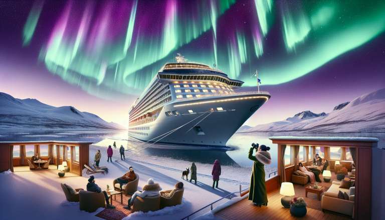 Cruiseschip onder noorderlicht in sneeuwlandschap.