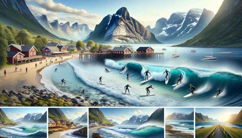 Noors landschap met surfers en traditionele huizen.