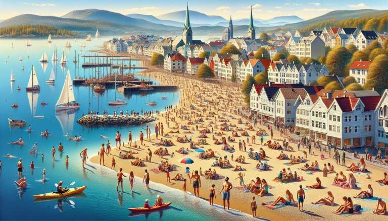 Levendig strand en haven met zeilboten in Scandinavische stad.