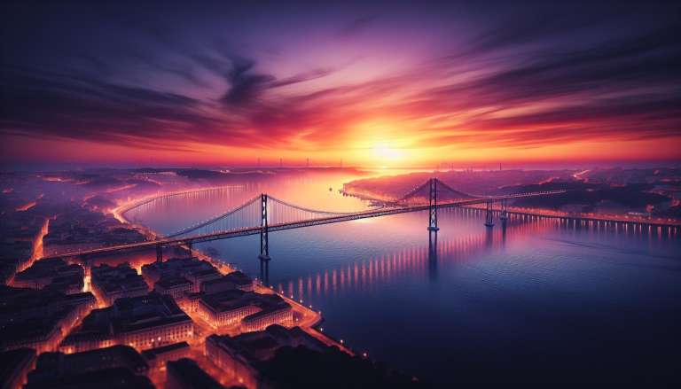 Zonsopgang boven hangbrug en rivier in stedelijk landschap.