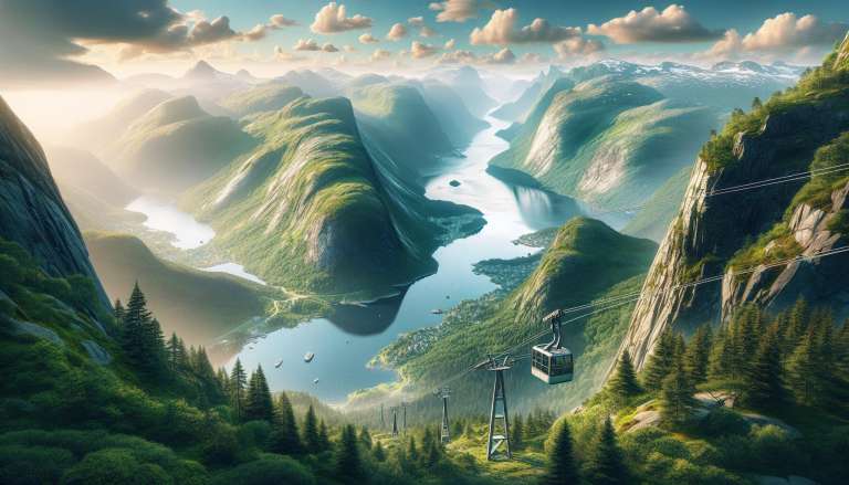 Fjordenlandschap met kabelbaan en zonlicht.