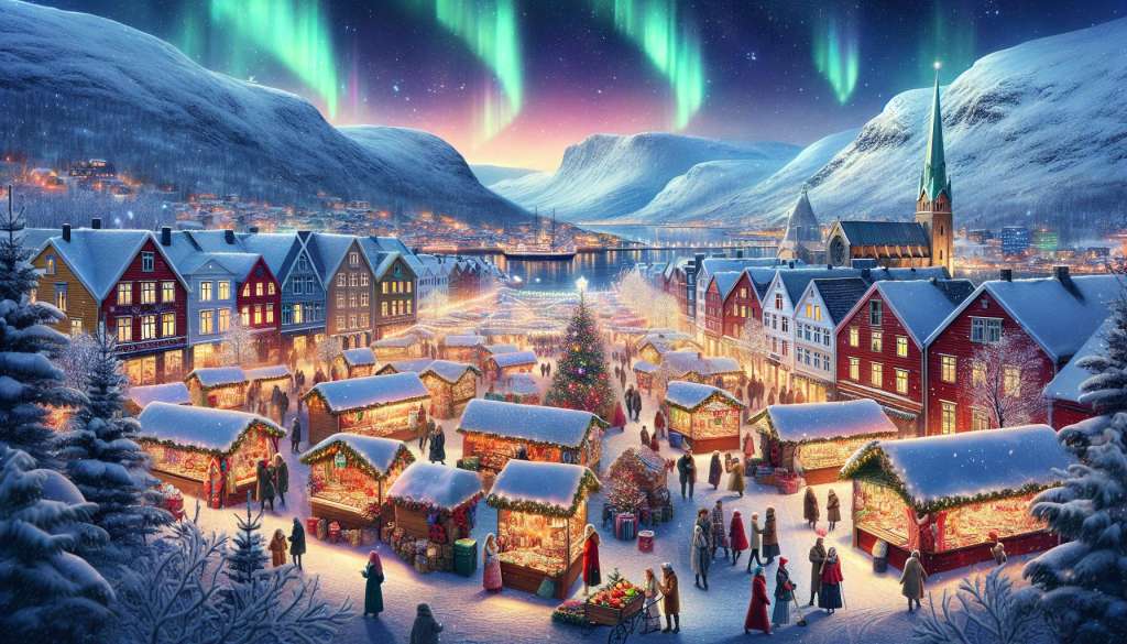 Kerstmarkt met noorderlicht in besneeuwd dorp.