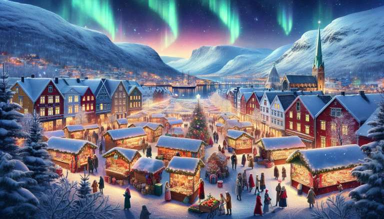 Kerstmarkt met noorderlicht in besneeuwd dorp.