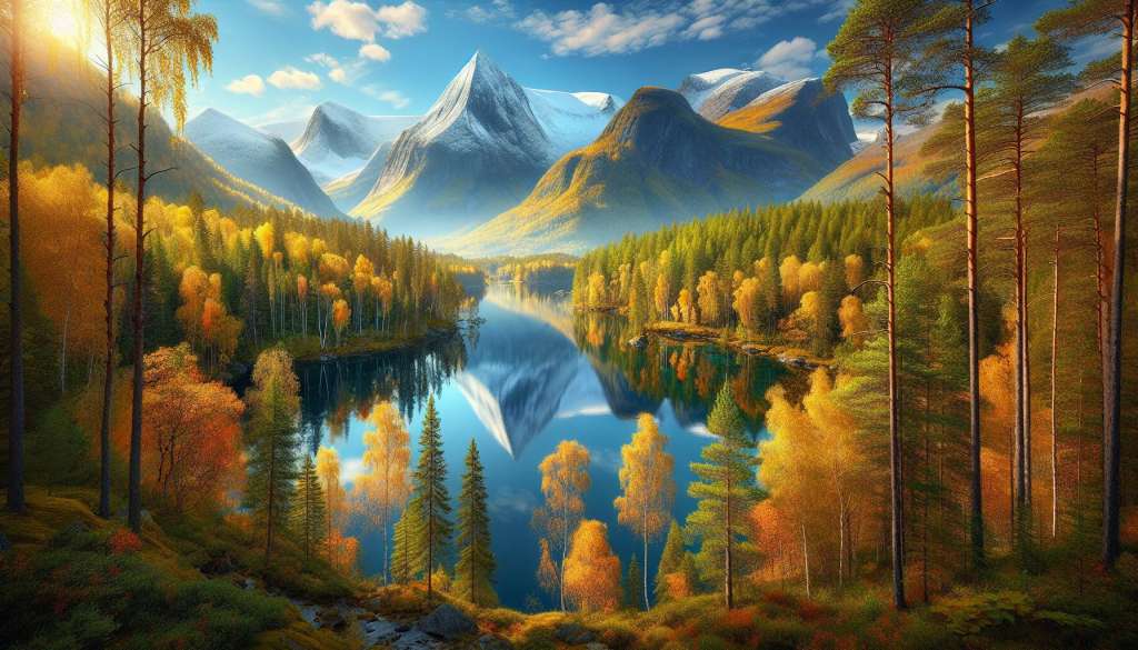 Herfstlandschap met bergen en weerspiegelend meer.