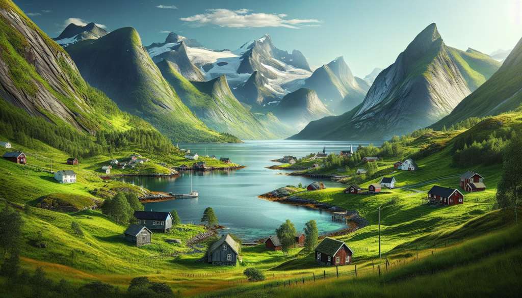 Idyllisch Noors fjordlandschap met kleurrijke huizen.