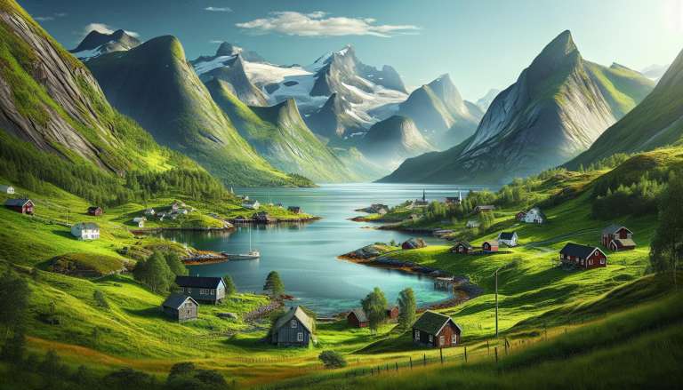 Idyllisch Noors fjordlandschap met kleurrijke huizen.