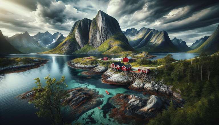 Idyllisch fjordlandschap met rode Noorse huisjes en bergen.