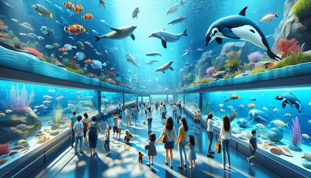 Bezoekers in onderwateraquariumtunnel met zeedieren.