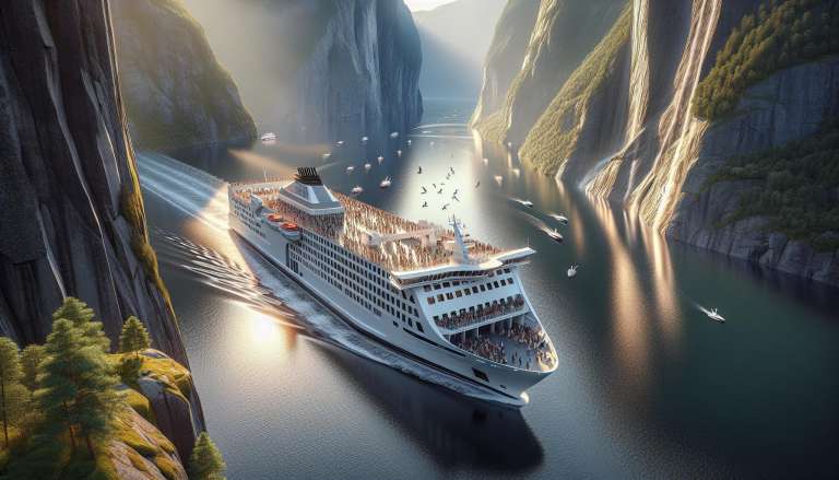 Cruiseschip vaart door fjord bij zonsondergang.