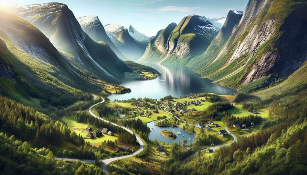 Idyllisch Noors fjordlandschap met dorp en bergen.