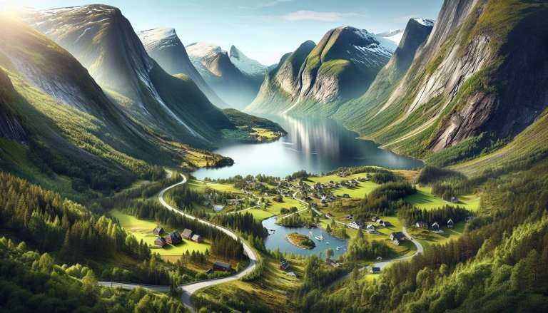 Idyllisch Noors fjordlandschap met dorp en bergen.