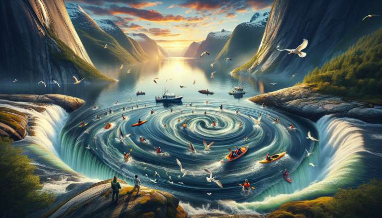 Surrealistisch fjordlandschap met boten en kajakkers.