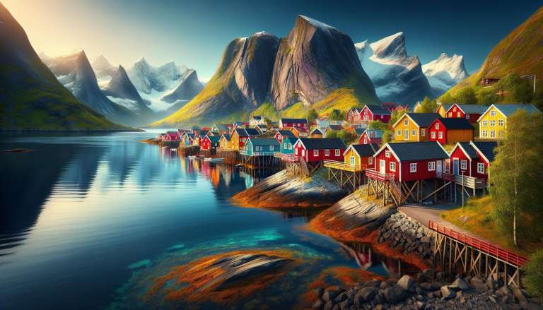 Kleurrijke huizen in Scandinavisch fjordenlandschap.