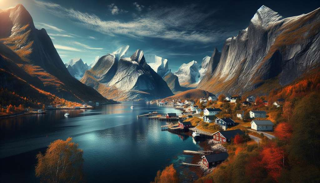Noors fjorddorp omringd door herfstbergen.