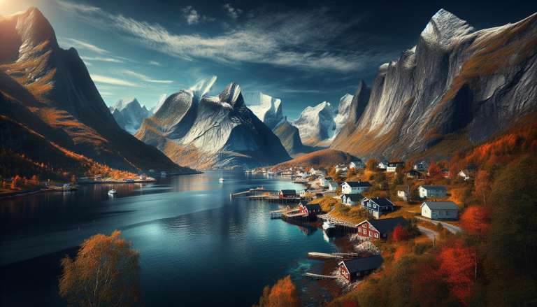 Noors fjorddorp omringd door herfstbergen.