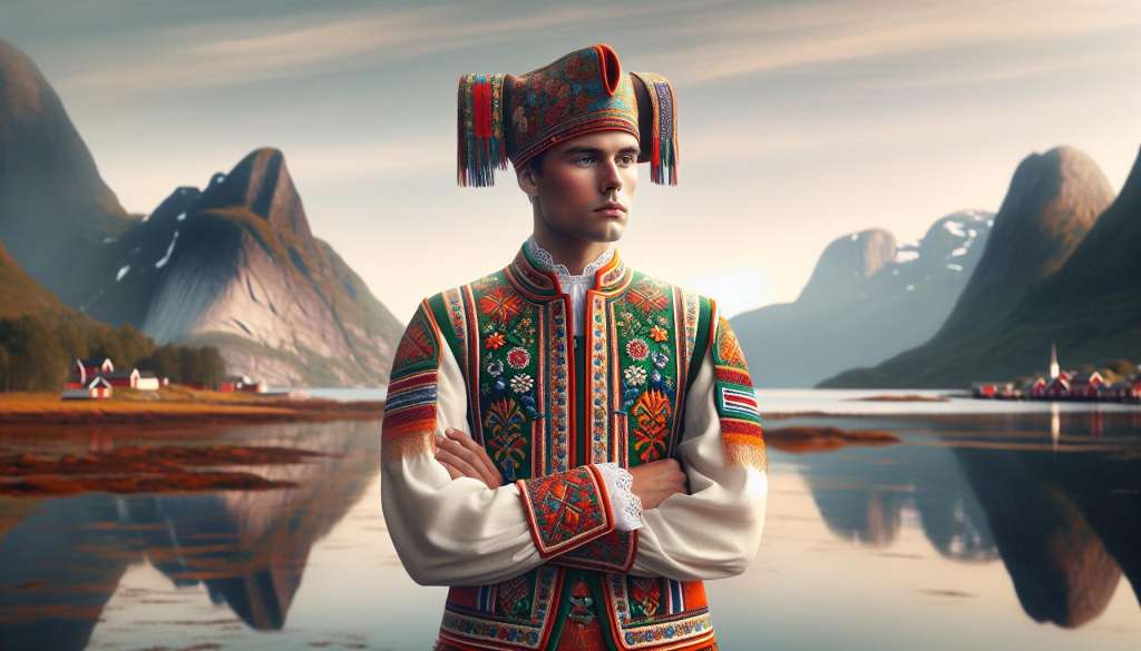 Man in traditionele Noorse klederdracht voor berglandschap.
