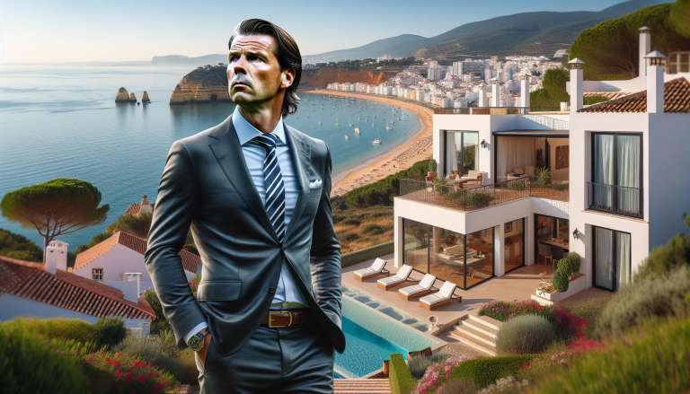 Zakenman met uitzicht op luxe kustvilla.