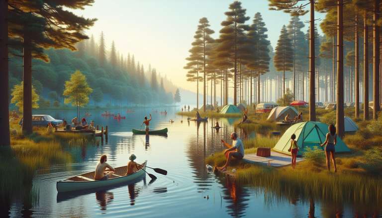 Camping bij bos en meer met kanoërs en tenten.