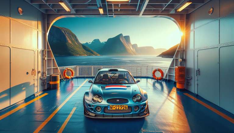 Raceauto op veerboot met fjord uitzicht.