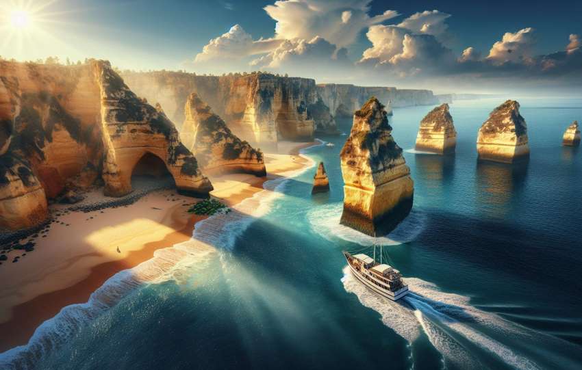 Zonsondergang bij kliffen en strand met boot.