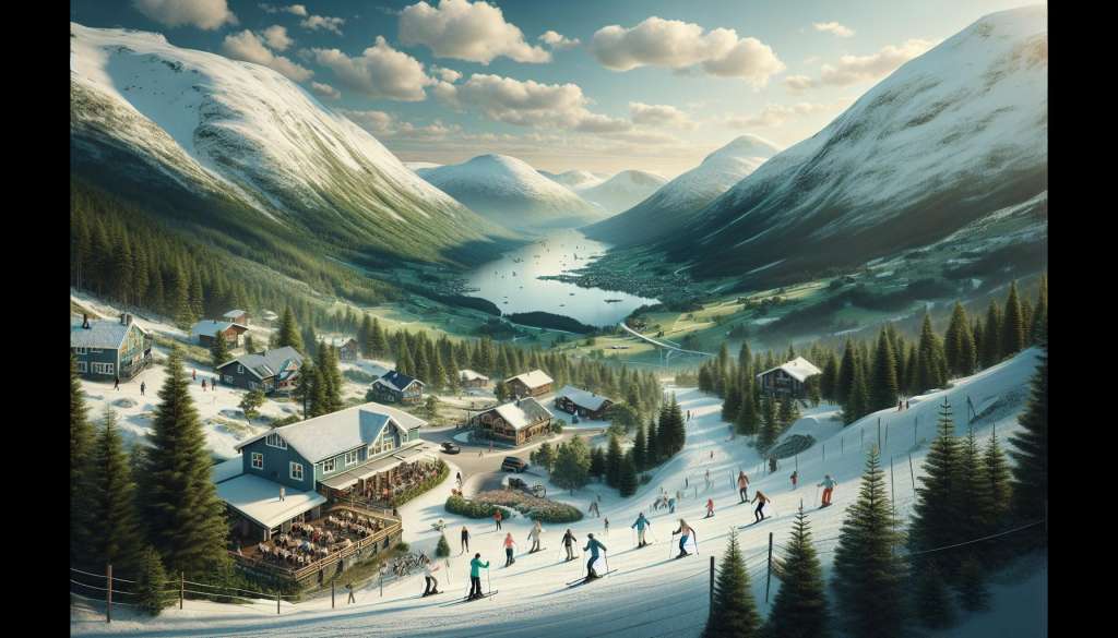 Bergdorpje met skiërs en besneeuwde bergen