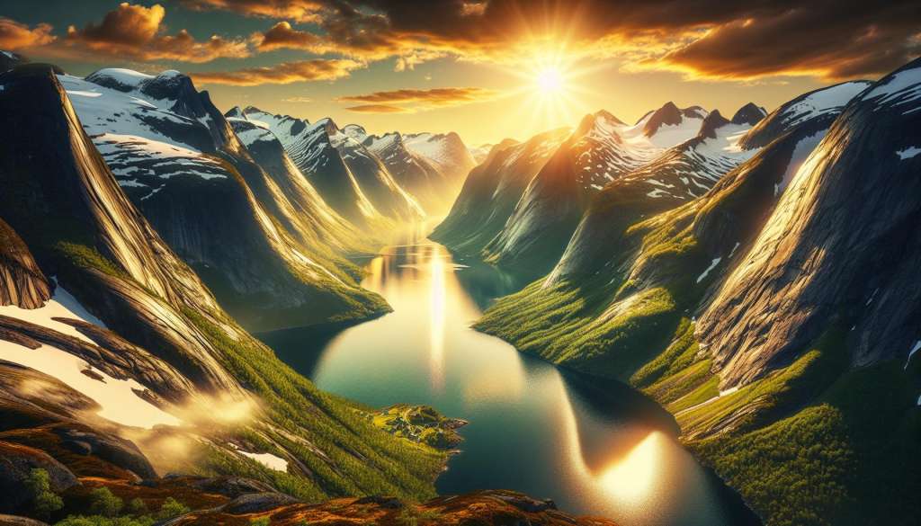 Zonsondergang boven bergachtig fjordlandschap.