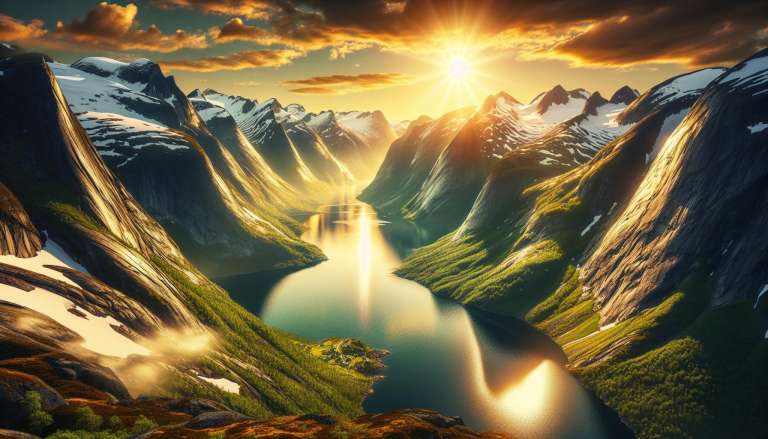 Zonsondergang boven bergachtig fjordlandschap.