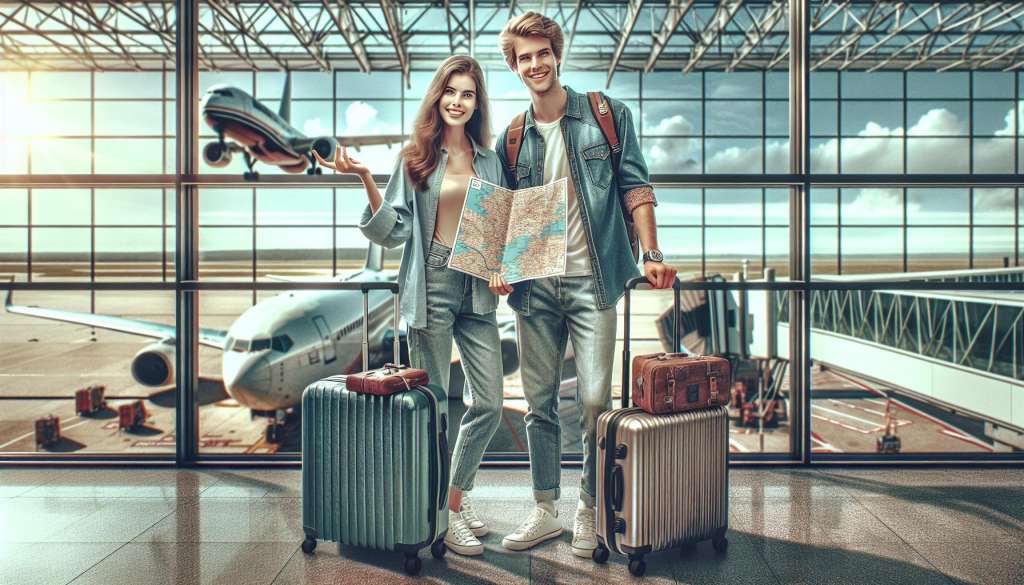 Jong stel met koffers op luchthaven.