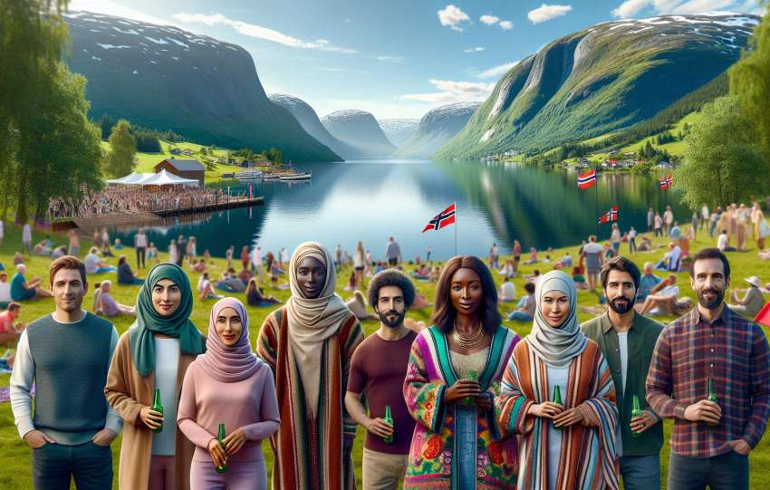 Diverse mensen genieten van een festival bij een fjord.