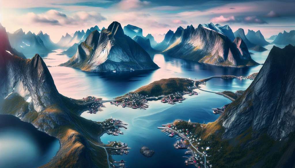 Fjordenlandschap met dorp en bergen bij zonsopgang
