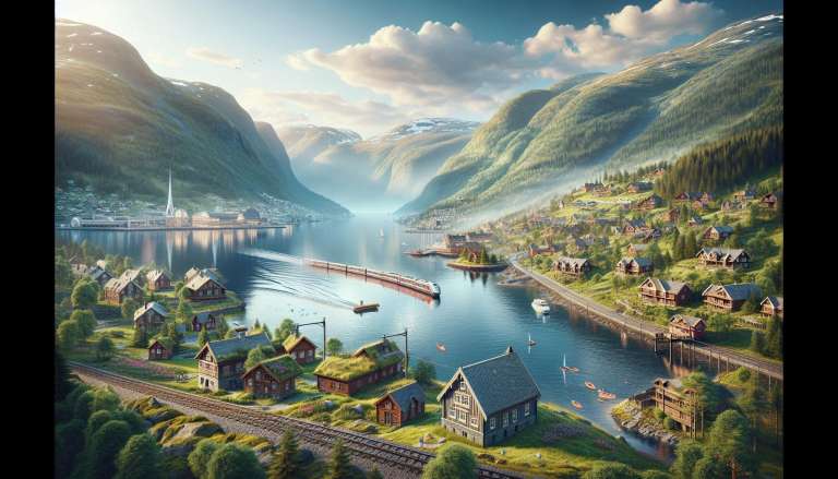 Schilderachtig fjorddorp met trein en boten in Noorwegen.