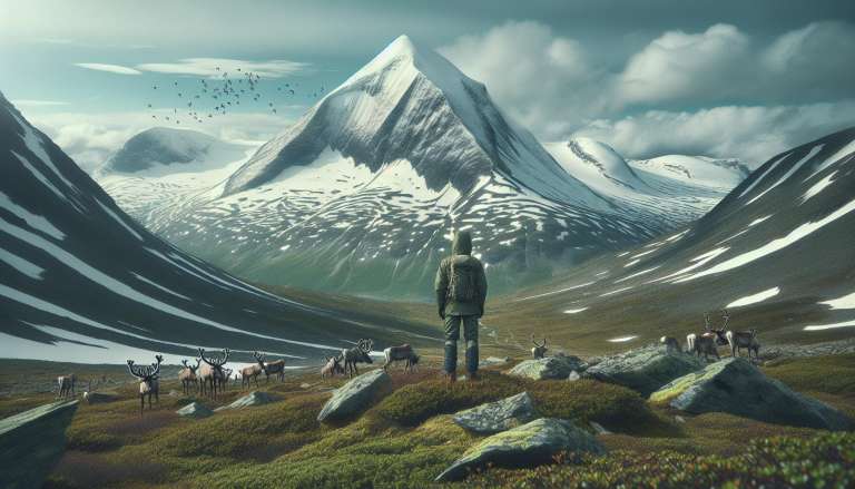Wandelaar, rendieren en besneeuwde bergen in wildernis.