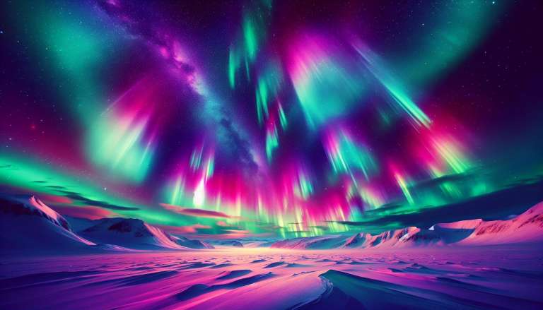 Kleurenrijk noorderlicht boven besneeuwde bergen.