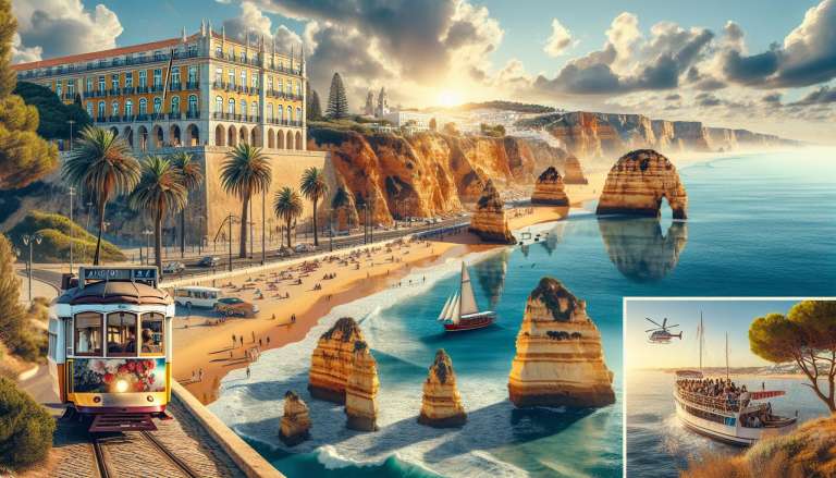 Kustlandschap met tram, strand en rotsformaties.