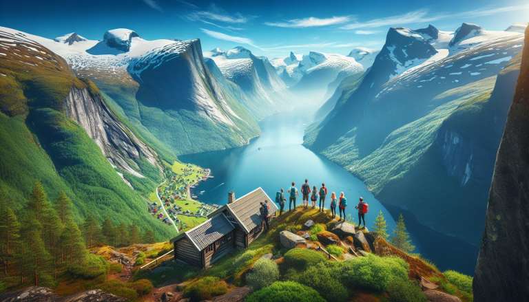 Fjord uitzicht met wandelaars en houten hut.