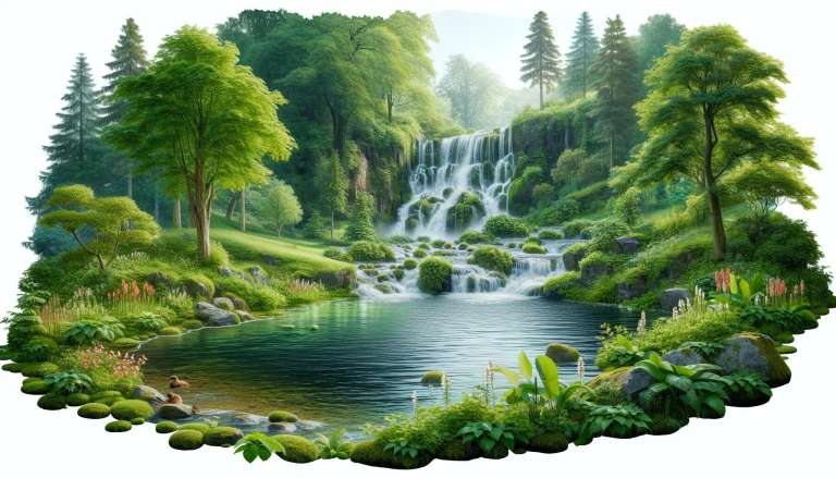 Idyllisch waterval landschap met weelderige groene natuur.