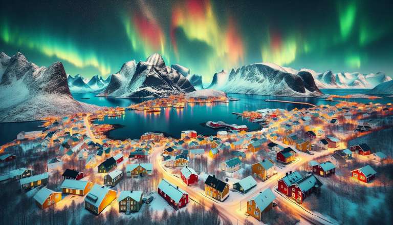 Noorderlicht boven besneeuwd Scandinavisch vissersdorp.