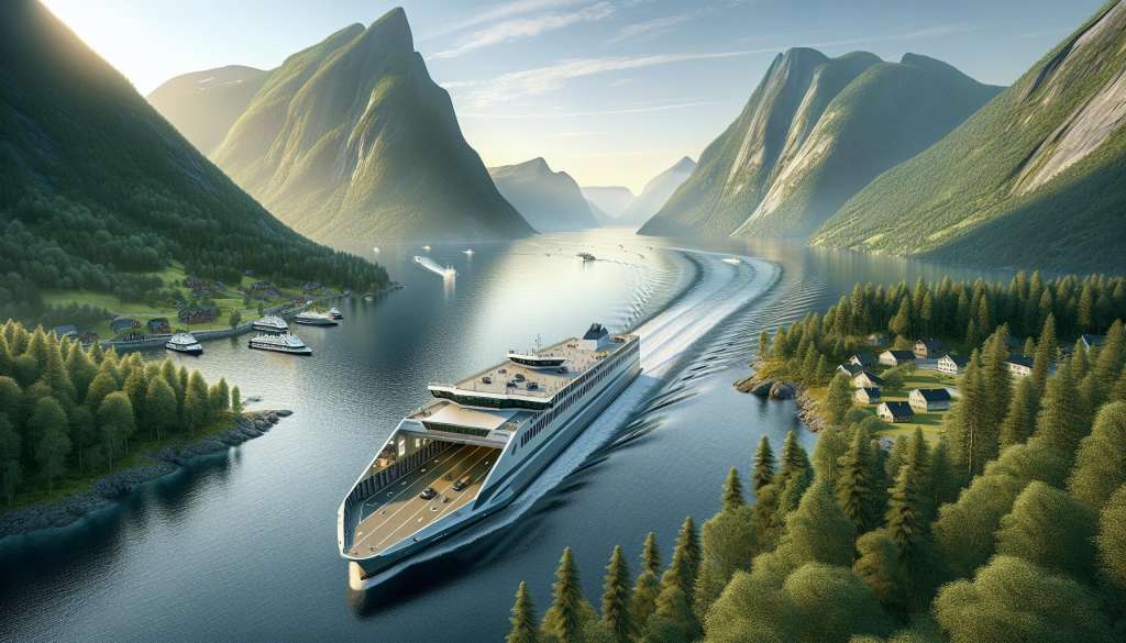 Fjord met veerboten en groene heuvels, Noorwegen.