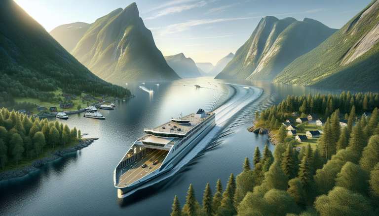 Fjord met veerboten en groene heuvels, Noorwegen.
