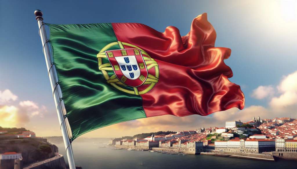 Portugese vlag wappert boven Lissabon rivieroever.