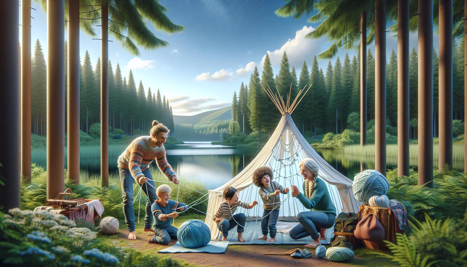 Familie kamperen in bos bij meer