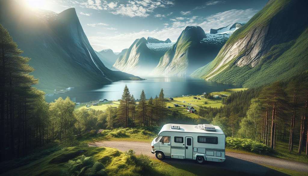 Camper bij fjord in berglandschap, Noorwegen