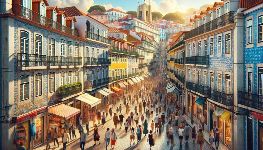 Drukke straat met mensen en traditionele Portugese gebouwen.