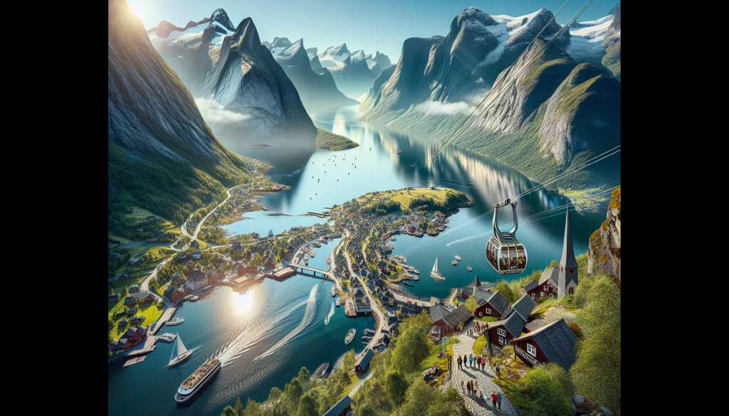 Fjordlandschap met kabelbaan en Noors dorpje.